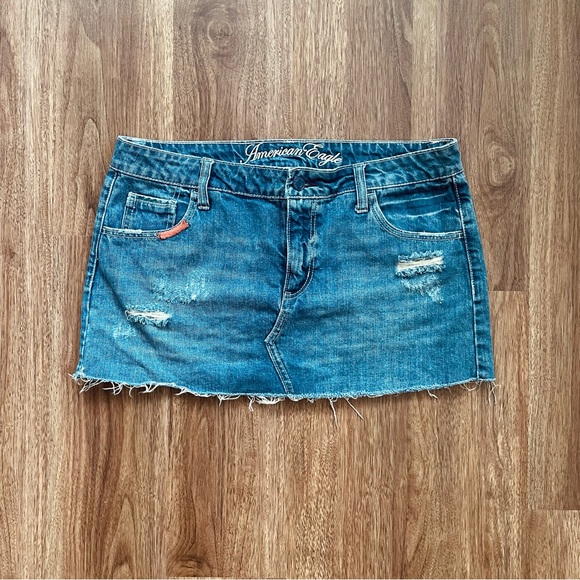 American Eagle Outfitters Dresses & Skirts - Distressed low rise denim mini skirt by American Eagle size 10